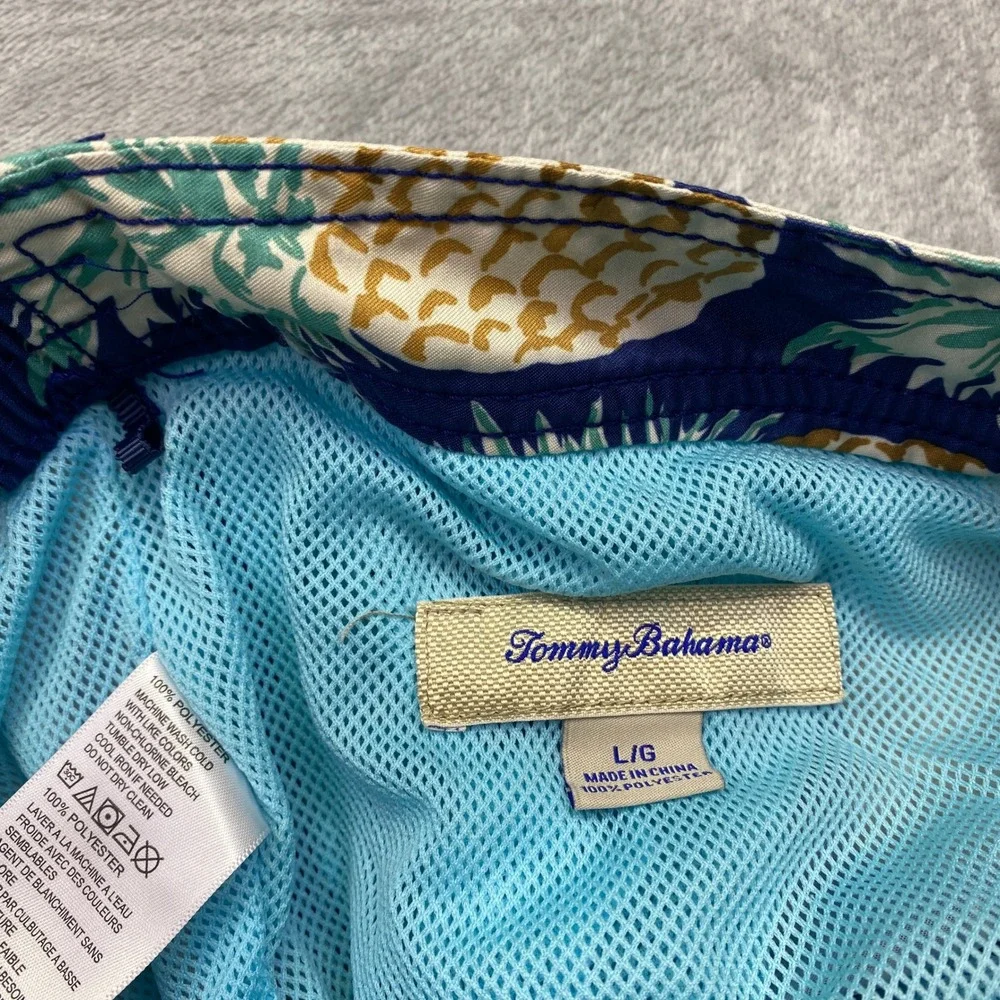 Tommy Bahama Swim Trunks L Pineapple Print Blue Green Drawstring‎ Casual Surf